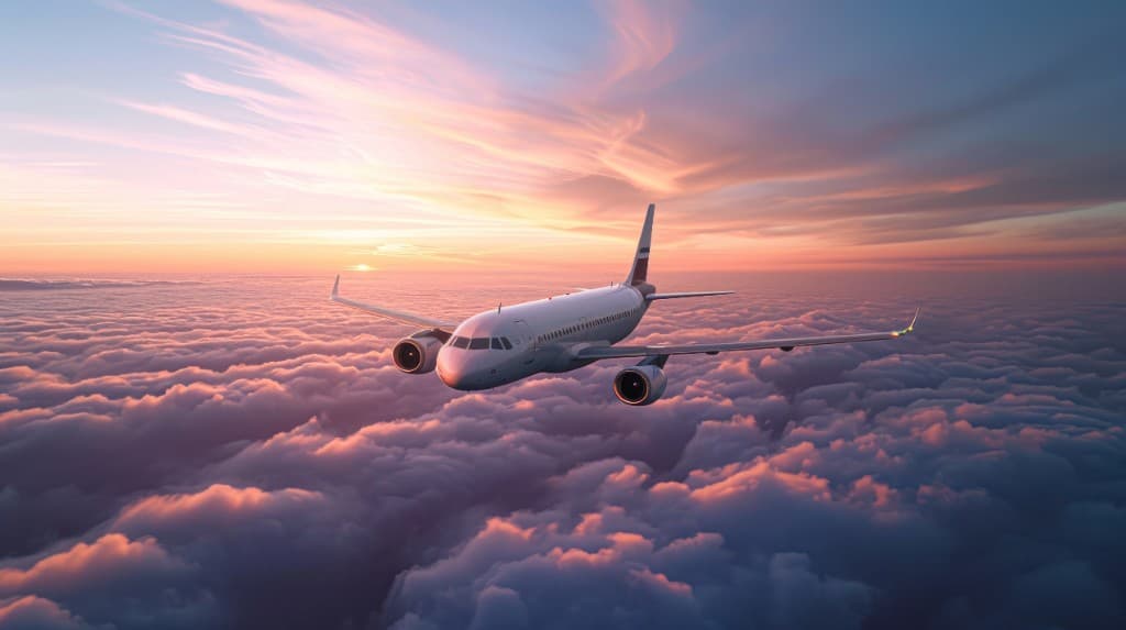 Airplane flying above the clouds at sunset